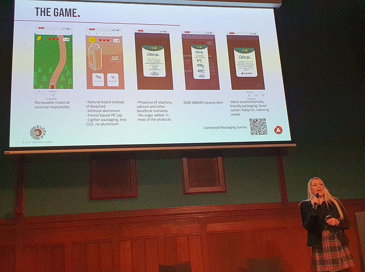 Appetite Creative’s Jenny Mora Stanley presenting the Don Simon QR campaign — mixing recycling information and gamification — delivering loyalty tokens to consumers to encourage recurring interactions with the products and the app.  